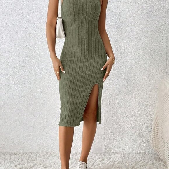 Womens Summer Tank Dress Ribbed Midi Sleeveless Bodycon Side Slit Casual - Picture 2 of 4